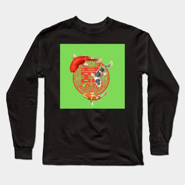 Double Happiness Koi Fish Lime Green with Red Symbol - Hong Kong Retro Long Sleeve T-Shirt by CRAFTY BITCH